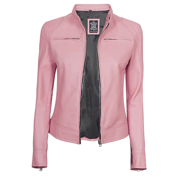 Women Pink Cafe Racer Leather Jacket