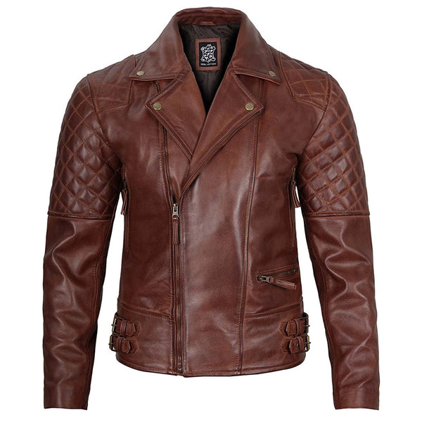 Mens Distressed Dark Brown Cafe Racer Quilted Motorcycle Leather Jacket