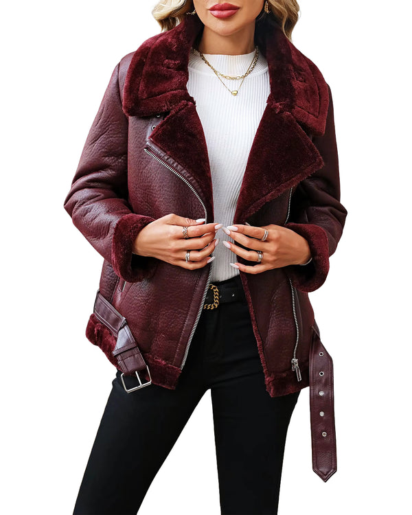 Winter Maroon Shearling Leather Jacket For Women's