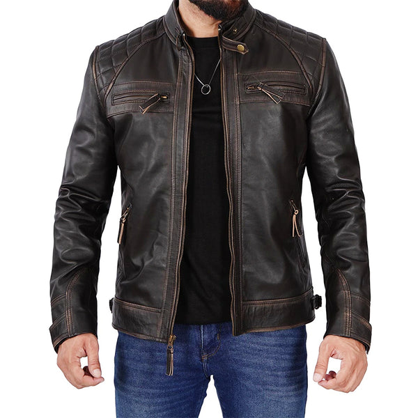 Dark Brown Cafe Racer Leather Jacket For Men