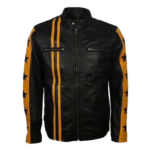 Men's Yellow Star Stripes Black Motorcycle Leather Jacket