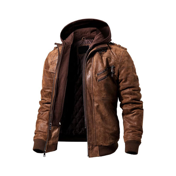 Brown Removable Hood Motorcycle Leather Jacket | Echo Leather