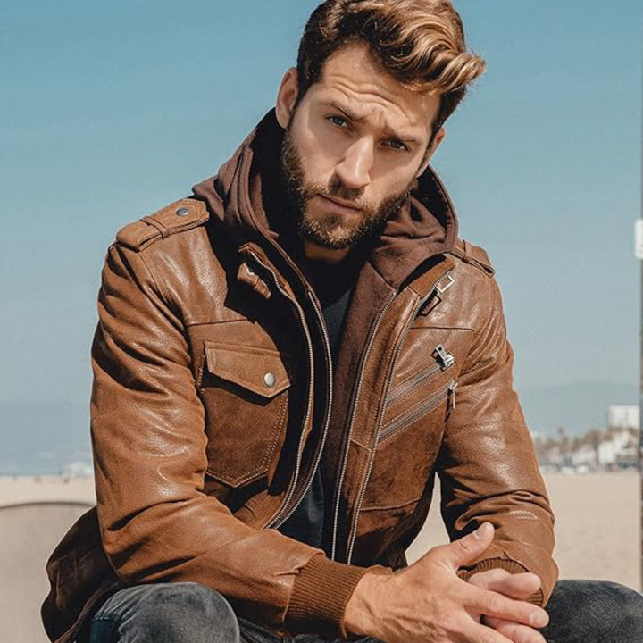 Brown Removable Hood Motorcycle Leather Jacket | Echo Leather