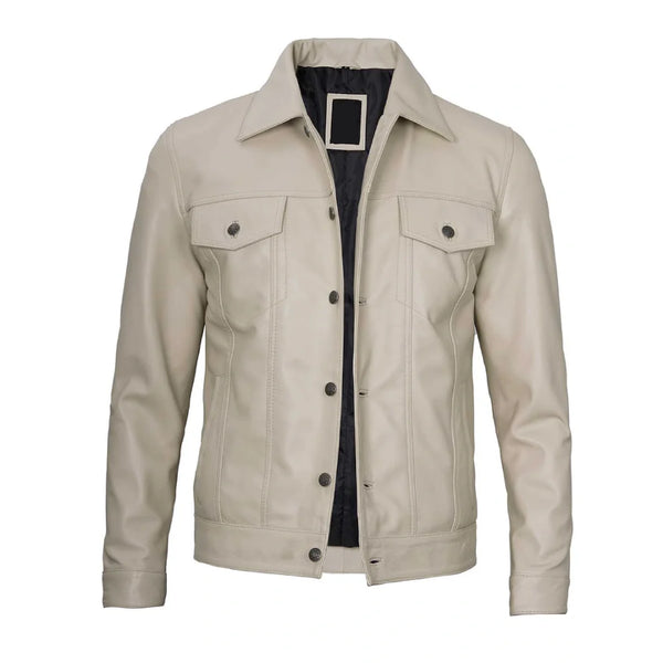 Classic Beige Real Leather Trucker Jacket | Echo Leather