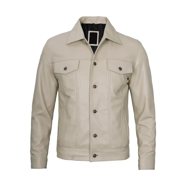 Classic Beige Real Leather Trucker Jacket | Echo Leather