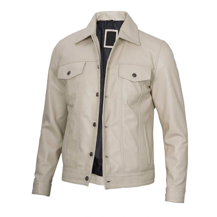 Classic Beige Real Leather Trucker Jacket | Echo Leather