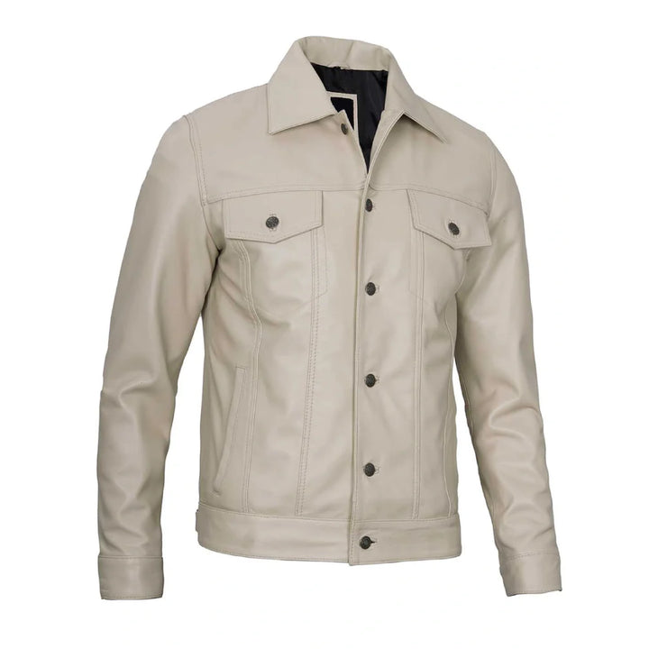 Classic Beige Real Leather Trucker Jacket | Echo Leather