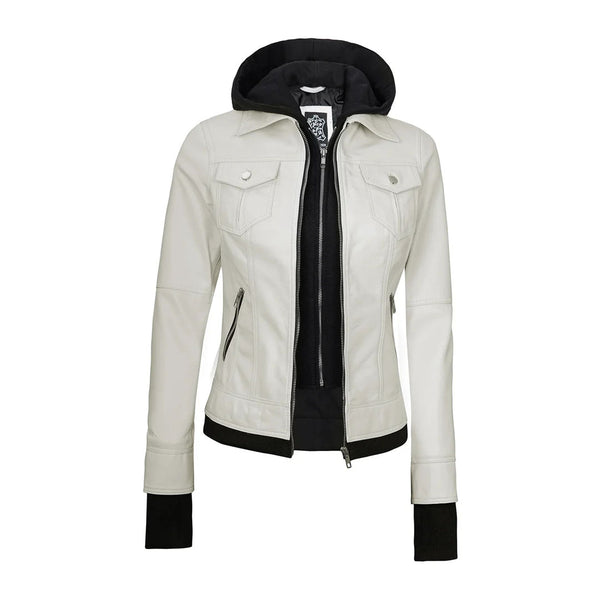 Women's Off White Bomber Leather Jacket