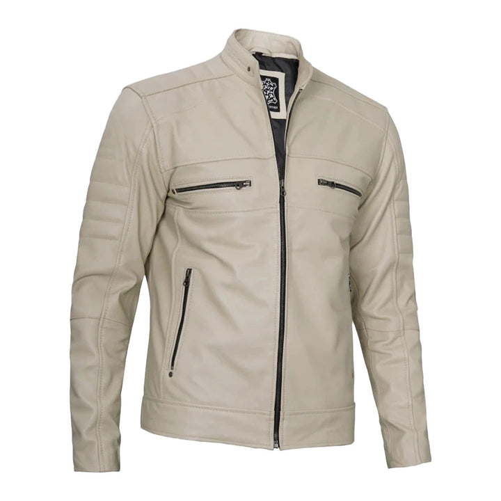 Men's Beige Biker Genuine Leather Jacket