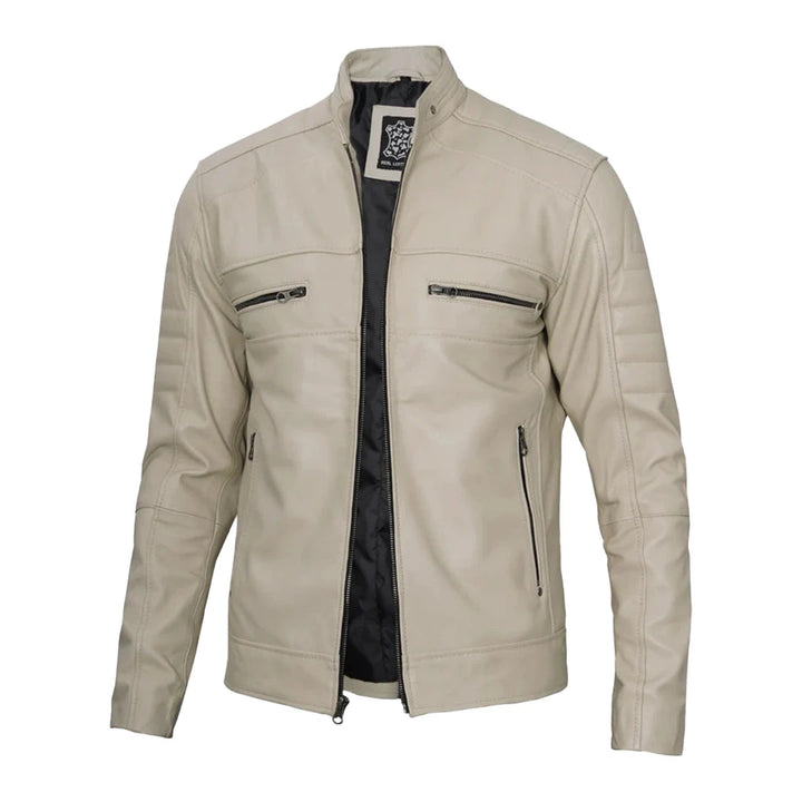 Men's Beige Biker Genuine Leather Jacket