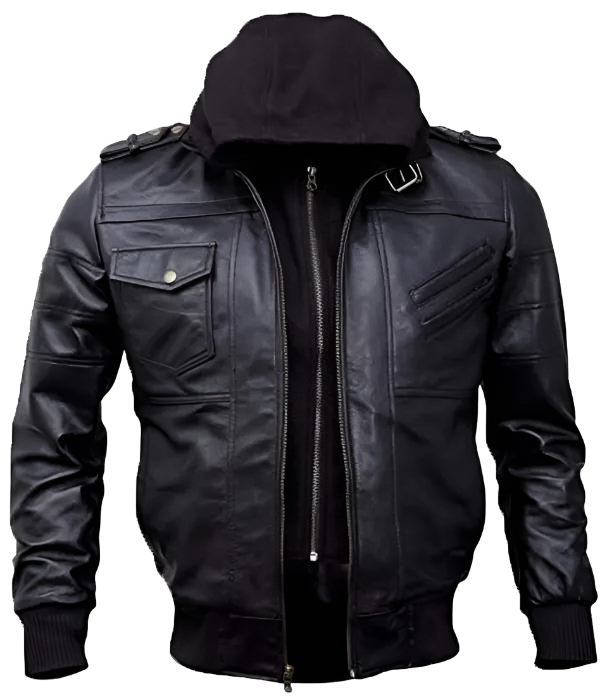 Men's Black Bomber Hooded Leather Jacket | Echo Leather