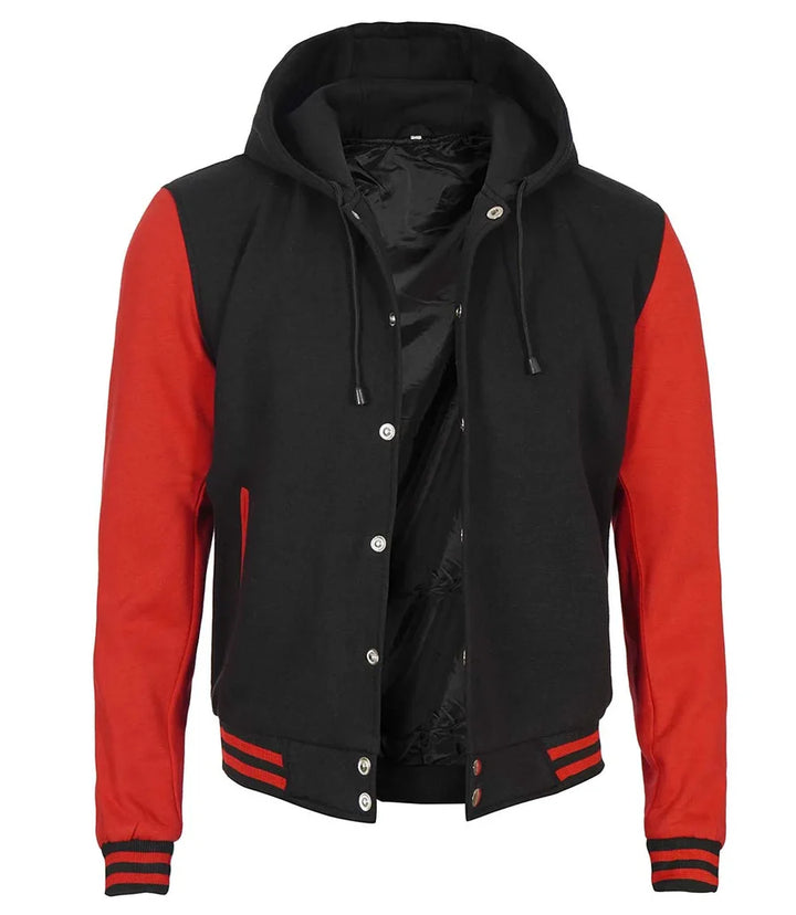 Red and Black Hooded Varsity Jacket | Echo Leather