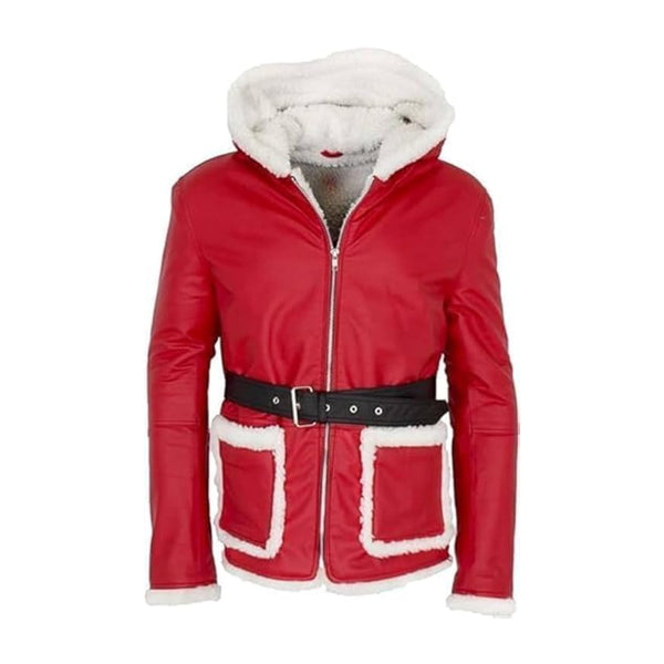 Red Santa Claus Cosplay Leather Hooded Jacket