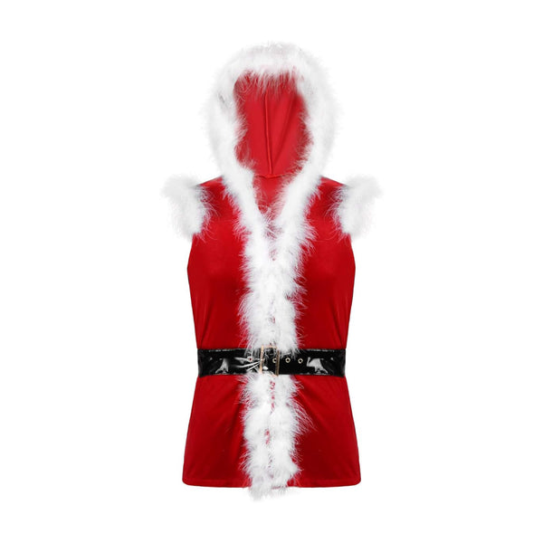 Santa Claus Costume Sleeveless Hooded Leather Jacket | Echo Leather