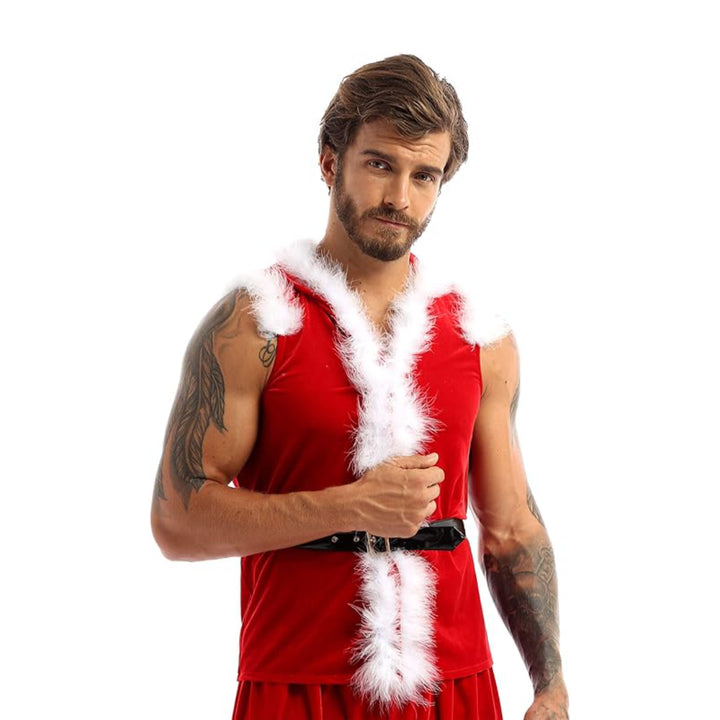 Santa Claus Costume Sleeveless Hooded Leather Jacket | Echo Leather