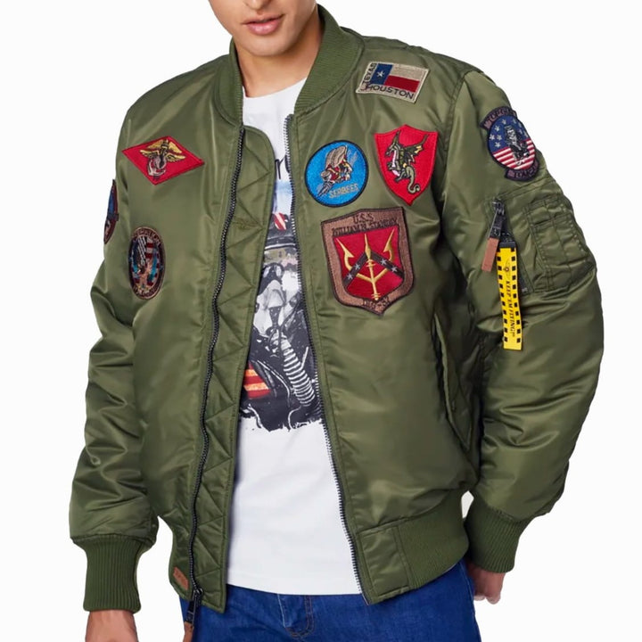 Top Gun Bomber Jacket With Patches | Echo Leather