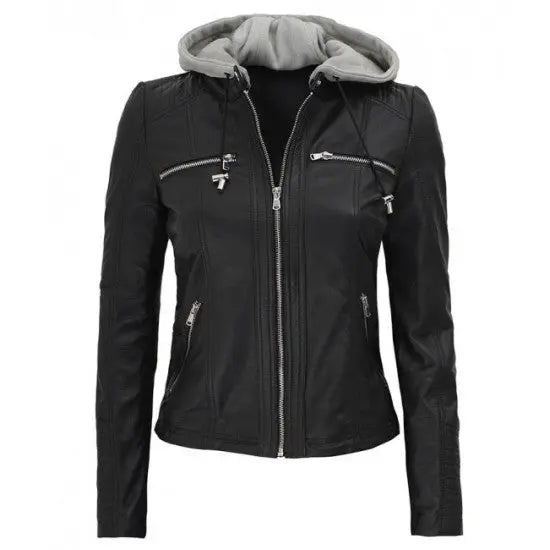 Women's Black Genuine Leather Hoodie Jacket | Echo Leather