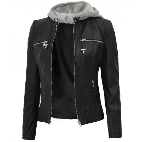 Women's Black Genuine Leather Hoodie Jacket | Echo Leather