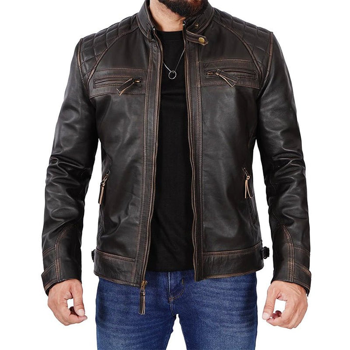 Dark Brown Cafe Racer Leather Jacket For Men - Echo Leather