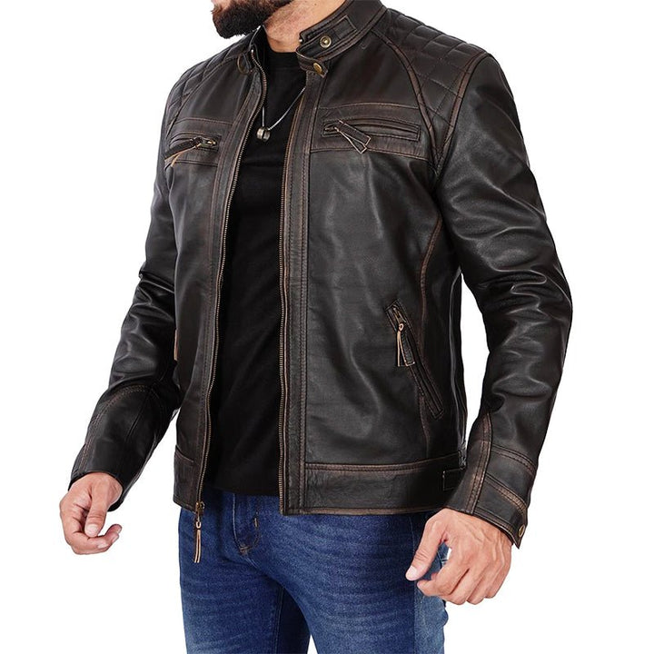 Dark Brown Cafe Racer Leather Jacket For Men - Echo Leather