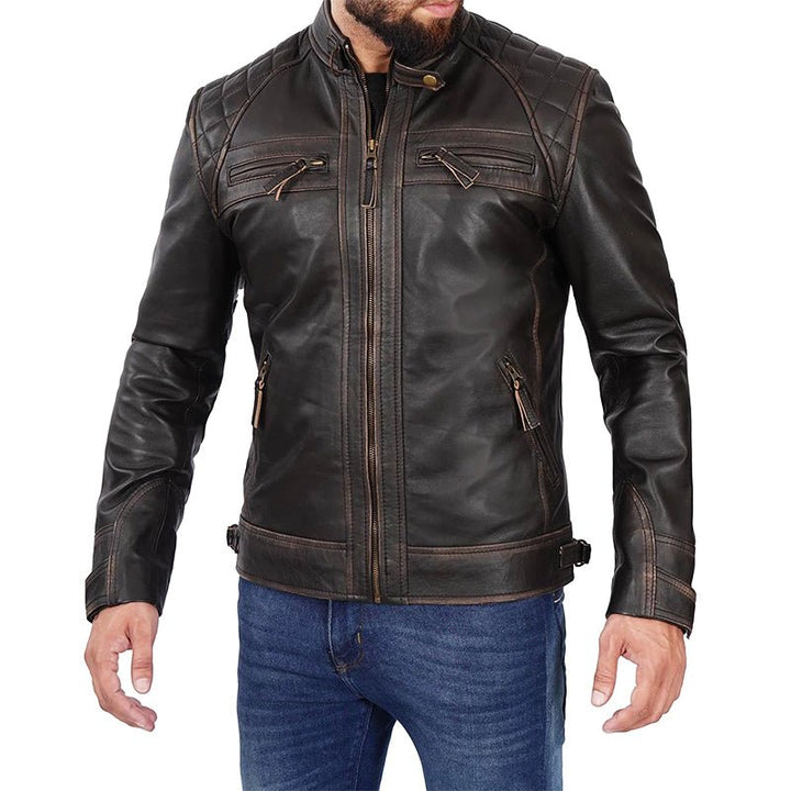 Dark Brown Cafe Racer Leather Jacket For Men - Echo Leather