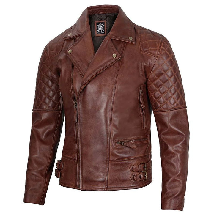Mens Distressed Dark Brown Cafe Racer Quilted Motorcycle Leather Jacket - Echo Leather