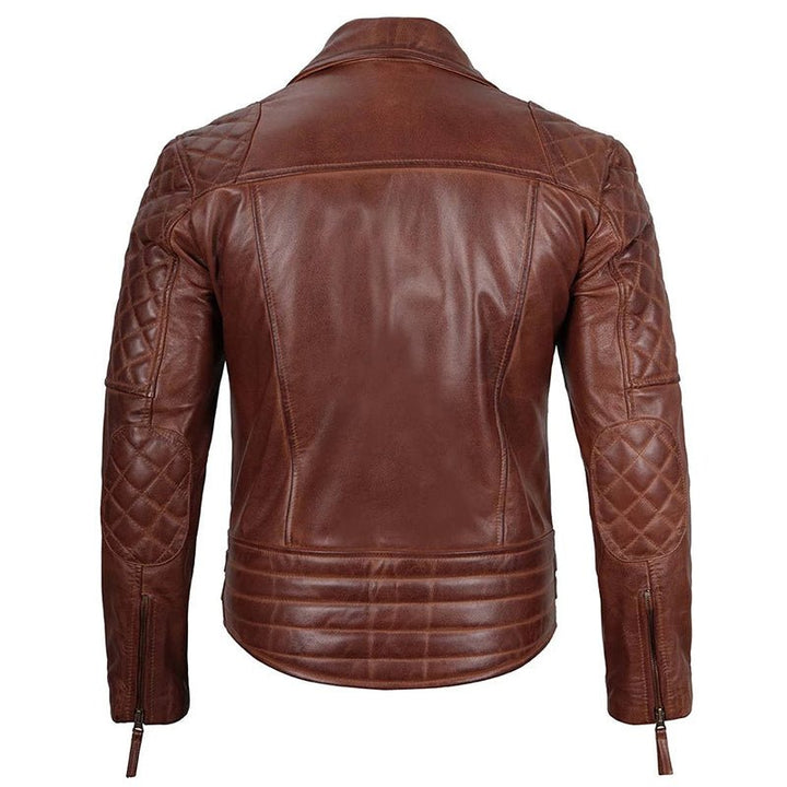 Mens Distressed Dark Brown Cafe Racer Quilted Motorcycle Leather Jacket - Echo Leather
