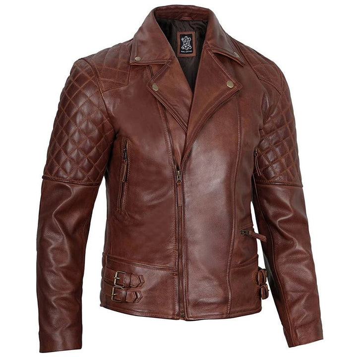 Mens Distressed Dark Brown Cafe Racer Quilted Motorcycle Leather Jacket - Echo Leather