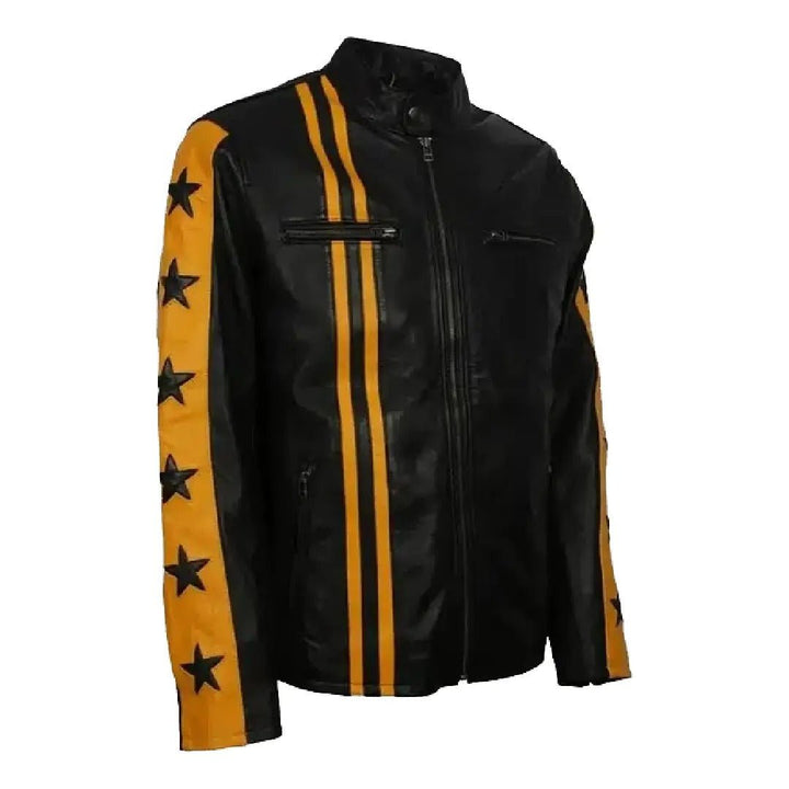 Men's Yellow Star Stripes Black Motorcycle Leather Jacket - Echo Leather