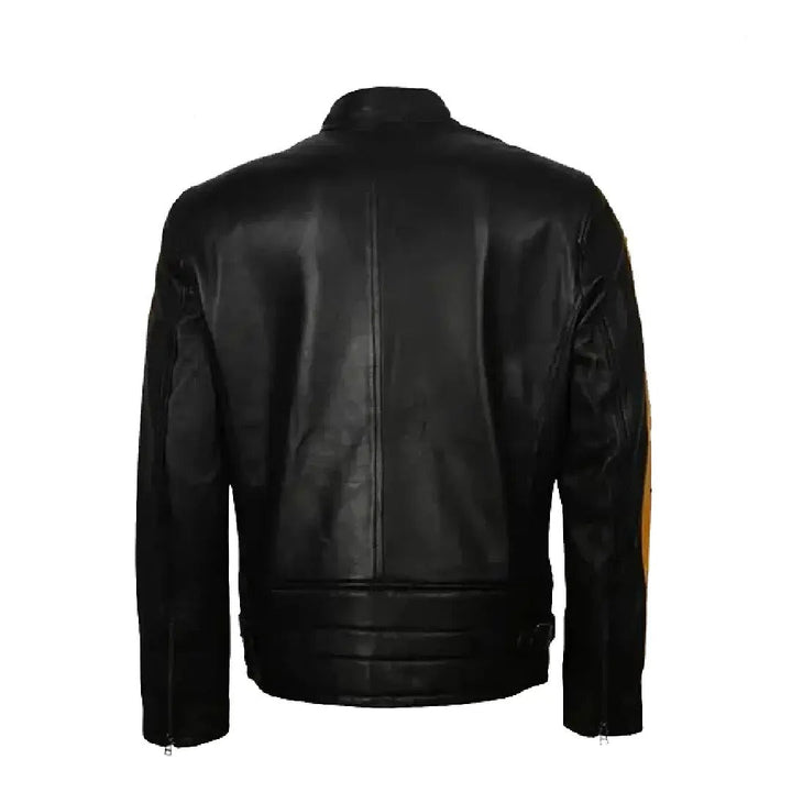Men's Yellow Star Stripes Black Motorcycle Leather Jacket - Echo Leather