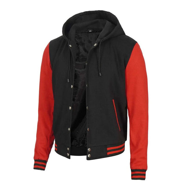 Red and Black Hooded Varsity Jacket - Echo Leather