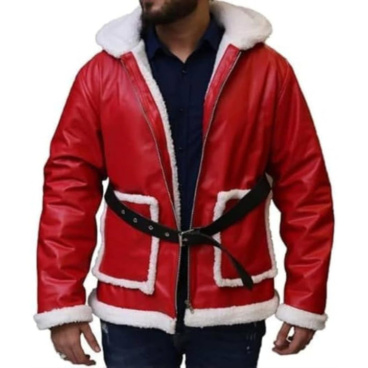 Red Santa Claus Cosplay Leather Hooded Jacket - Echo Leather