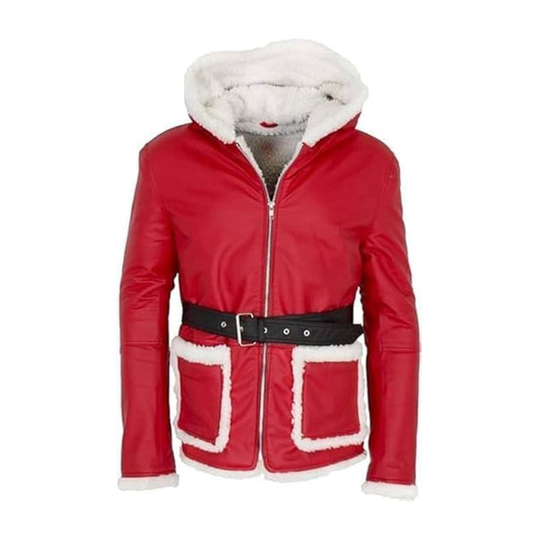 Red Santa Claus Cosplay Leather Hooded Jacket - Echo Leather