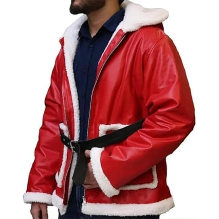 Red Santa Claus Cosplay Leather Hooded Jacket - Echo Leather