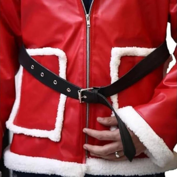 Red Santa Claus Cosplay Leather Hooded Jacket - Echo Leather