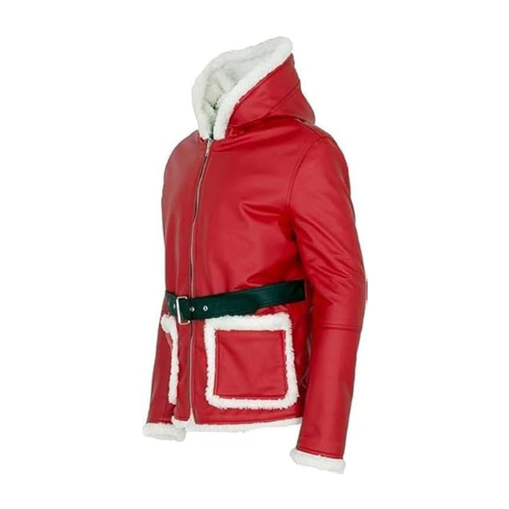 Red Santa Claus Cosplay Leather Hooded Jacket - Echo Leather