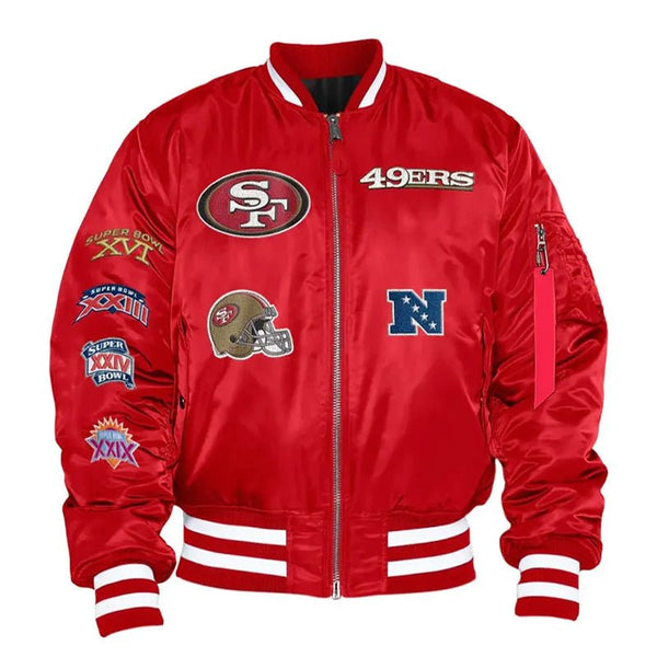 San Francisco 49ers Red Satin Bomber Jacket - Echo Leather