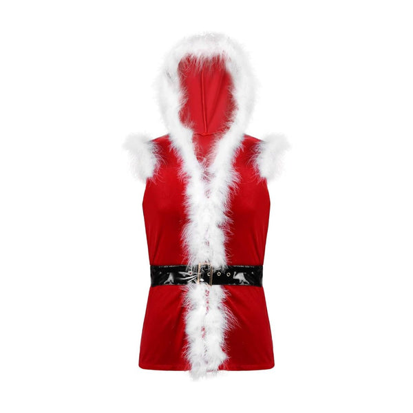 Santa Claus Costume Sleeveless Hooded Leather Jacket | Echo Leather