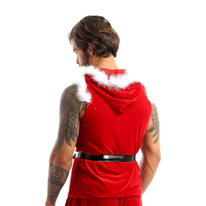 Santa Claus Costume Sleeveless Hooded Leather Jacket | Echo Leather
