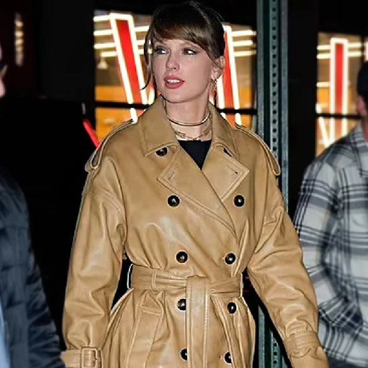 Taylor Swift Brown Leather Trench Coat - Echo Leather