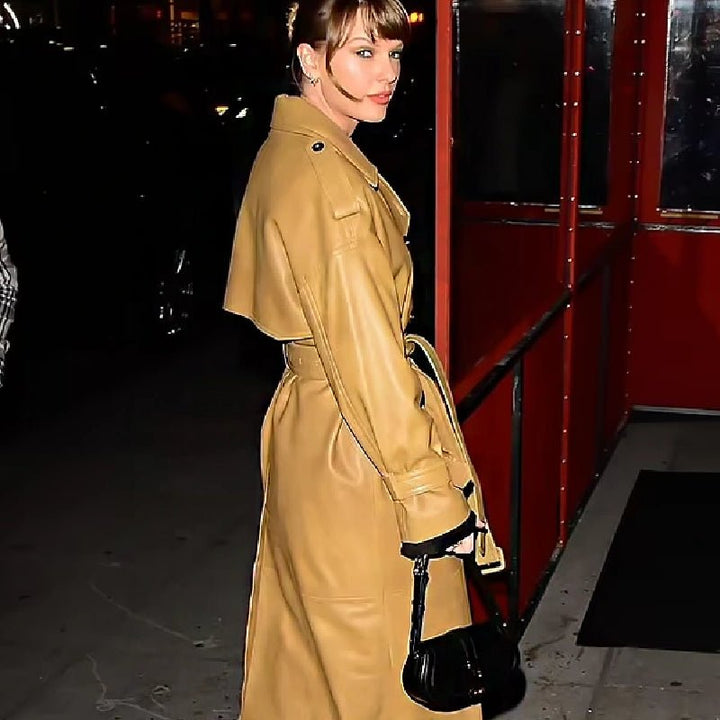 Taylor Swift Brown Leather Trench Coat - Echo Leather