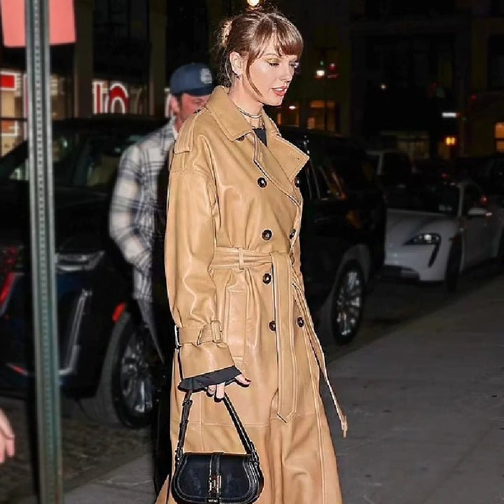 Taylor Swift Brown Leather Trench Coat - Echo Leather
