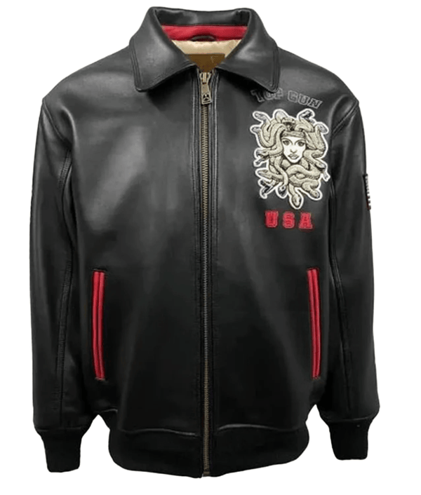 Top Gun Medusa Logo Black Leather Jacket