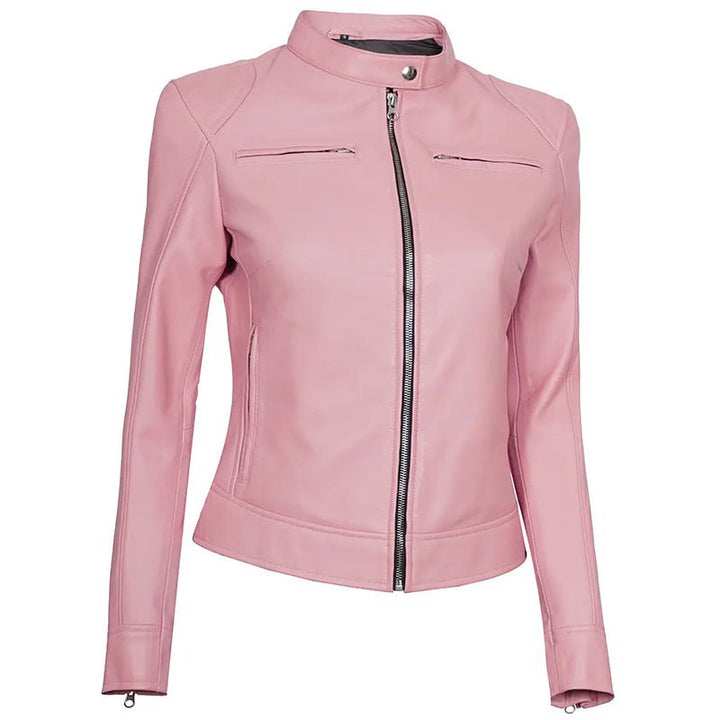Women Pink Cafe Racer Leather Jacket - Echo Leather
