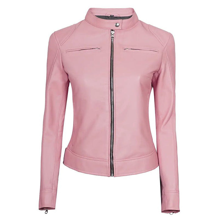 Women Pink Cafe Racer Leather Jacket - Echo Leather
