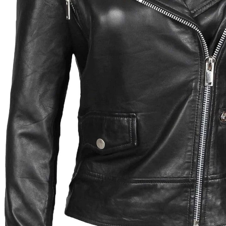 Women's Black Lambskin Real Leather Biker Jacket - Echo Leather