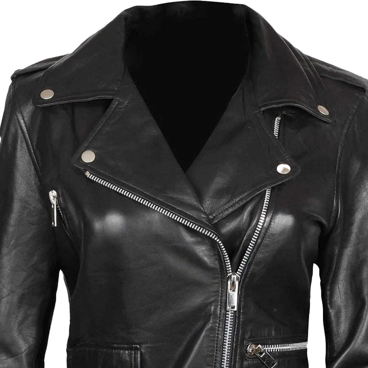 Women's Black Lambskin Real Leather Biker Jacket - Echo Leather