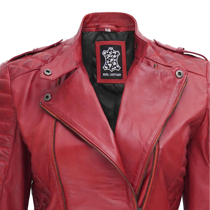 Women's Premium Genuine Red Leather Biker Jacket - Echo Leather