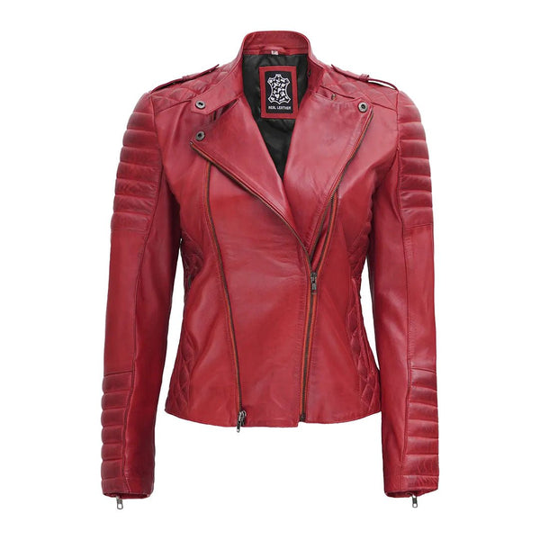Women's Premium Genuine Red Leather Biker Jacket - Echo Leather